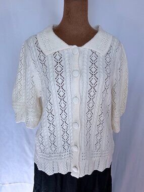 Lands’ End Cream Pointelle Cable Knit Puff Sleeve Cardigan M
